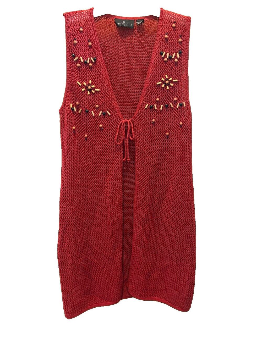 Vintage 1980-90s Carole Little Sport Long Red Beaded Crochet Boho Folk Vest